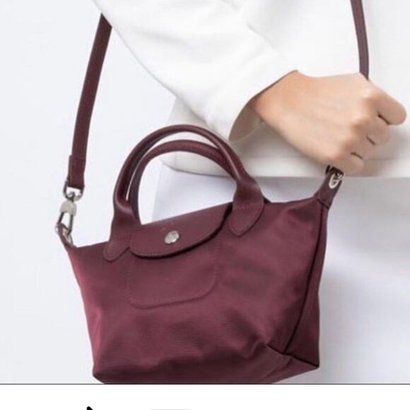 Longchamp Le Pliage Nylon Leather Burgundy S Neo Strap Shoulder Bag - Picture 1 of 16